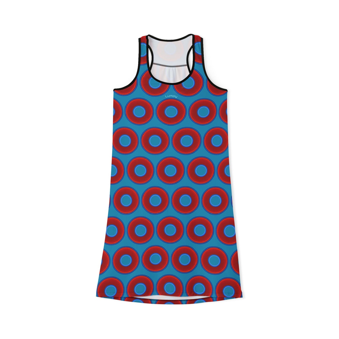 Tela's Lumpy Racerback Donut Dress - red vivid donut print w/aquamarine blue background