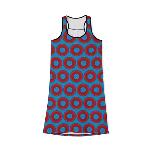 Tela's Lumpy Racerback Donut Dress - red vivid donut print w/aquamarine blue background