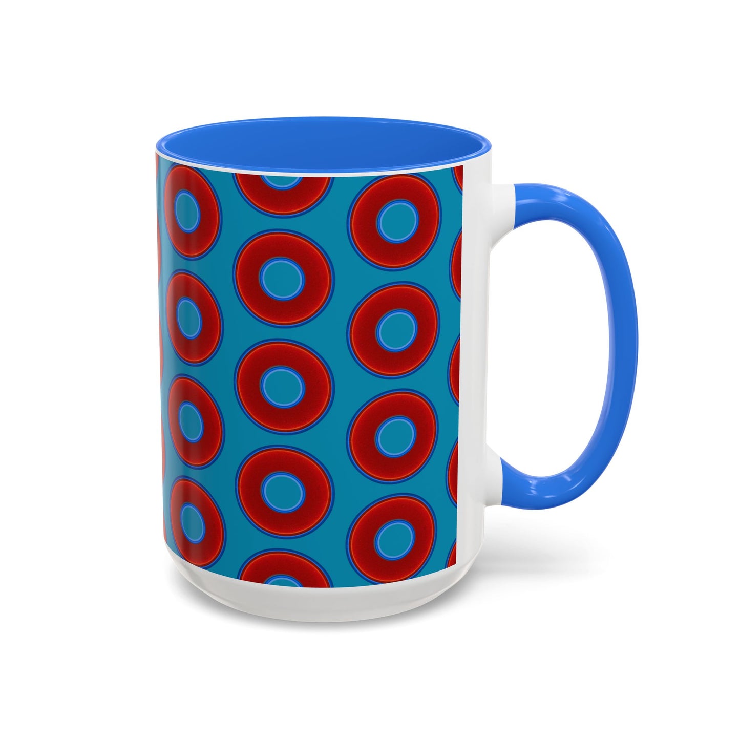 Lump's Grumpy Coffee Mug - vivid red donuts w/aquamarine blue background