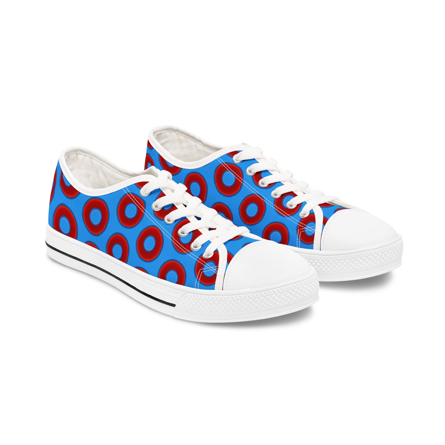 Women's - Low Top Chuck Taylors - large vivid red donut print w/sky royal blue background