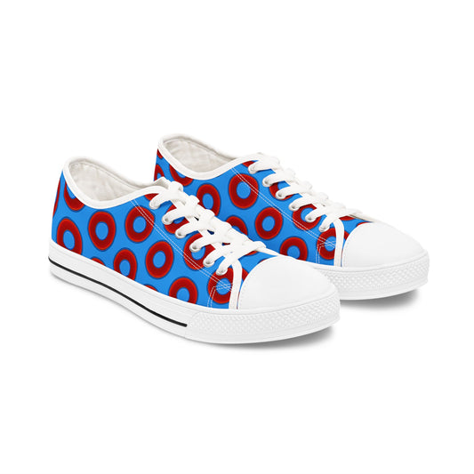 Women's - Low Top Chuck Taylors - large vivid red donut print w/sky royal blue background