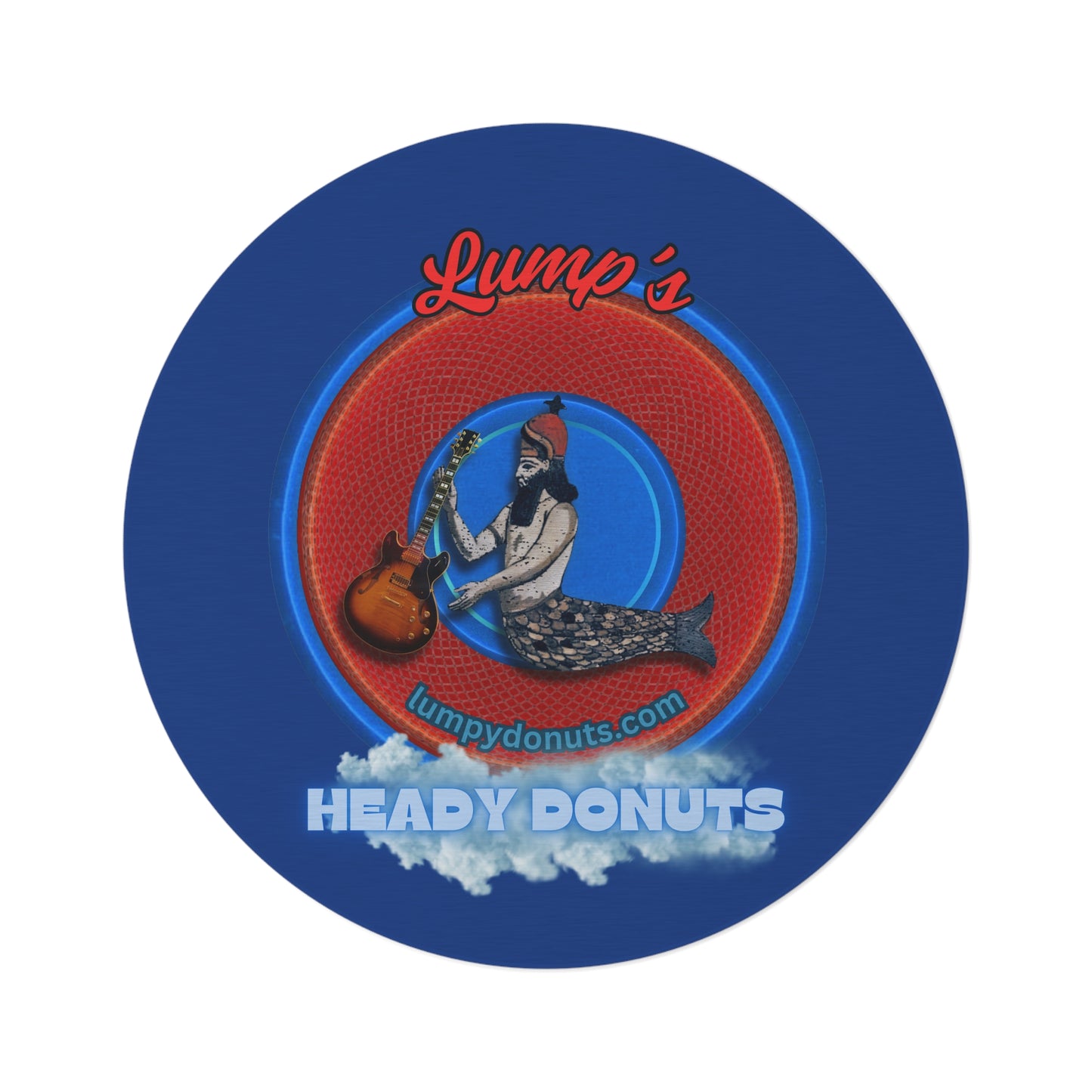 Round Room - 5 ft x 5 ft Lumpy Donut Rug - "Lump's Logo Donut Rug" - rustic red donut w/dark blue background
