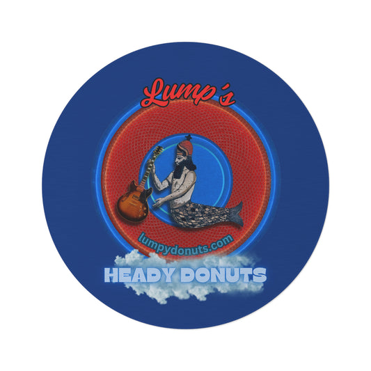 Round Room - 5 ft x 5 ft Lumpy Donut Rug - "Lump's Logo Donut Rug" - rustic red donut w/dark blue background