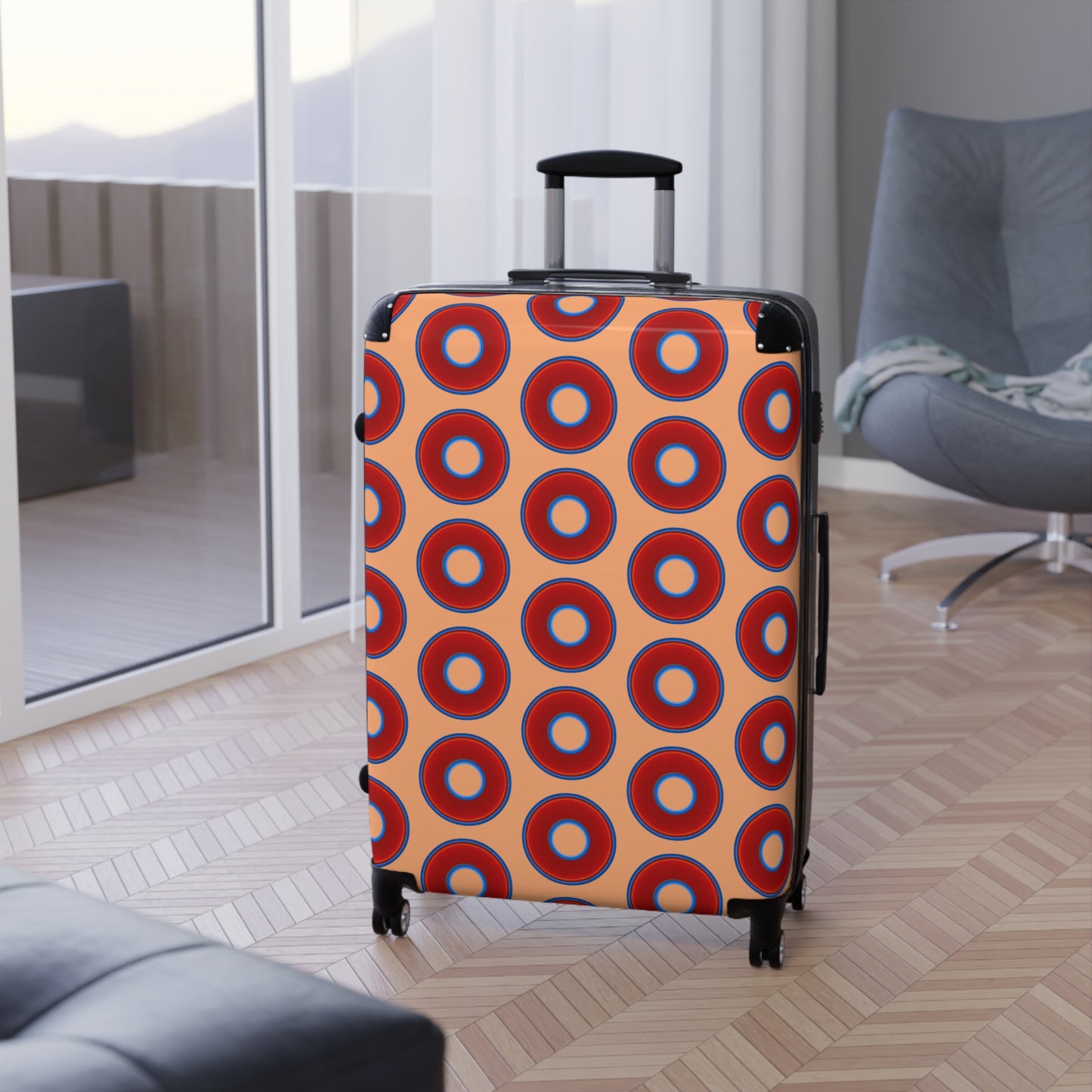 The Very Lumpy Donut Suitcase series - your choice of S, M or L - vivid red donut print w/peach background