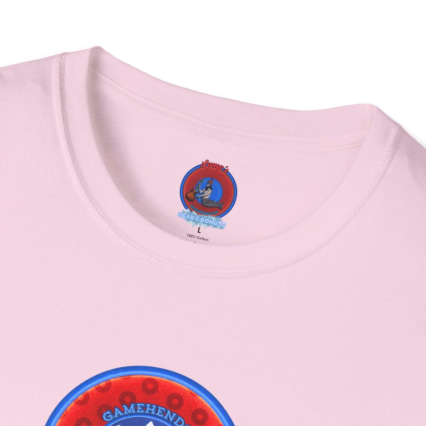 Classic Donut Tee - Unisex Soft-Style - "Phishy Chips" - vivid red/blue widemouthed paradox donut