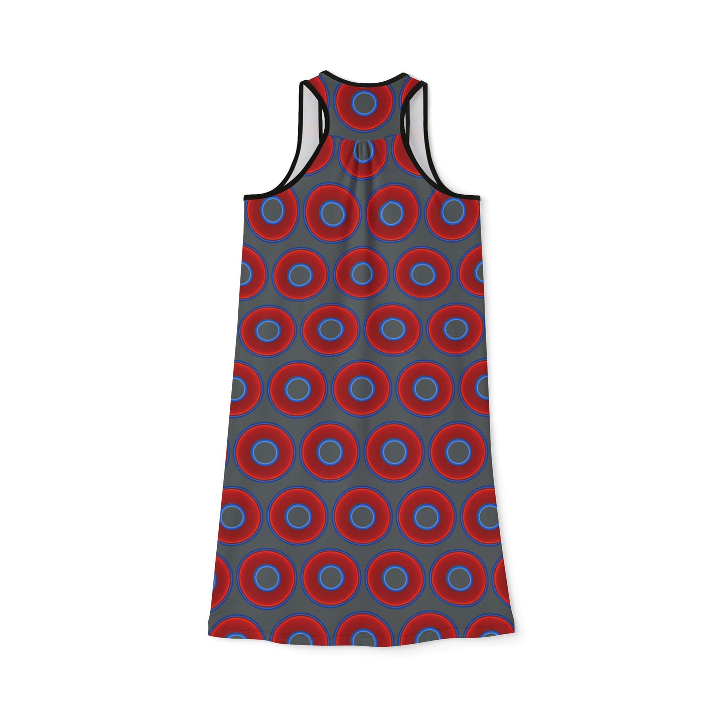 Tela's Lumpy Racerback Donut Dress - red vivid donut print w/dark gray background