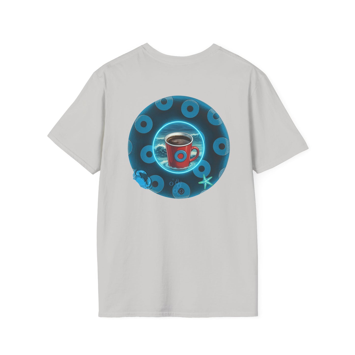 Lumpy Coffee Traders Tee - Unisex Soft-Style - "Good to Last Leaky Drop" - paradoxical ocean donut - variant 1 - logo front/coffee back