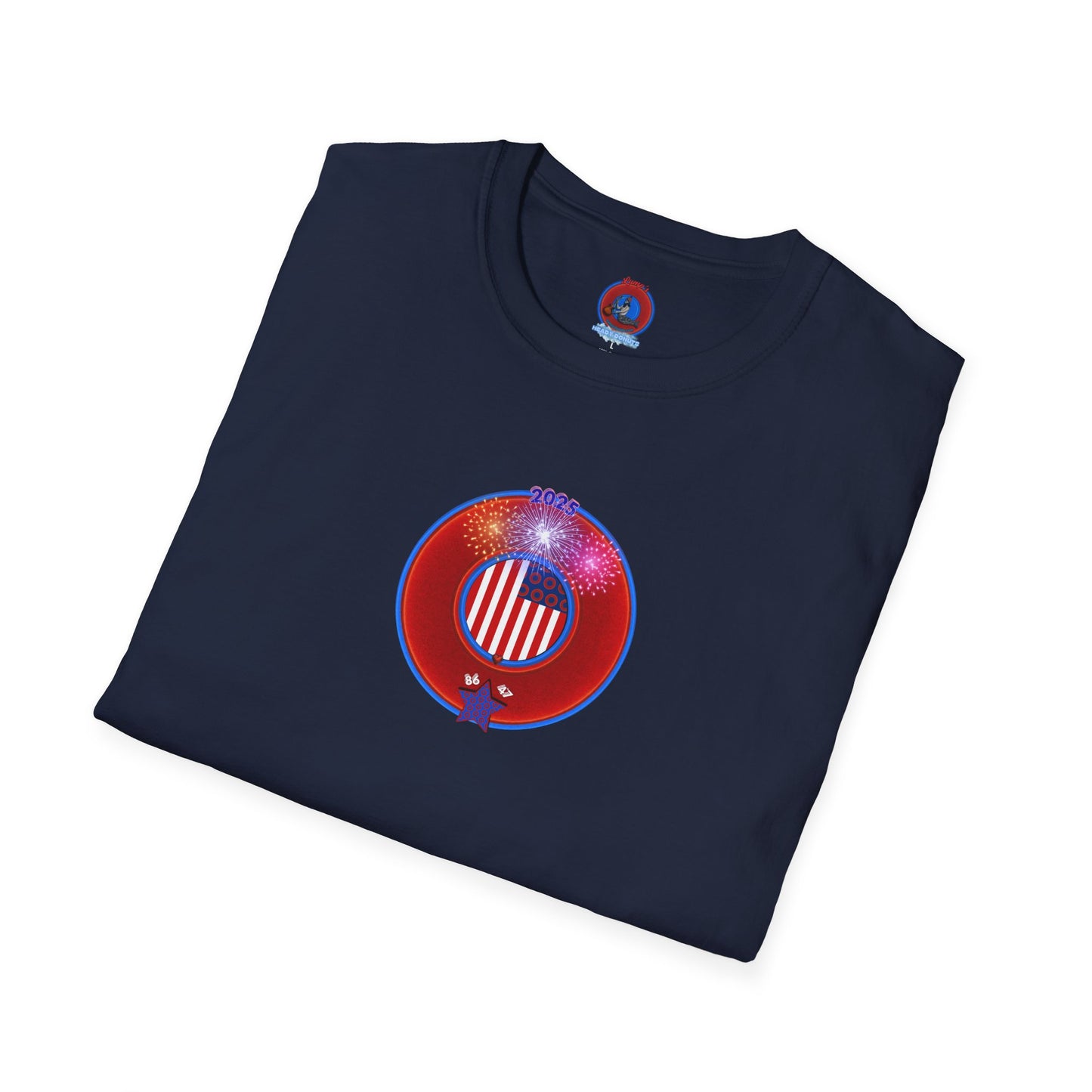 Classic Donut Tee - Unisex Soft-Style - "One Indivisible Donut" - vivid red phreedom donut - w/fireworks - variant 3
