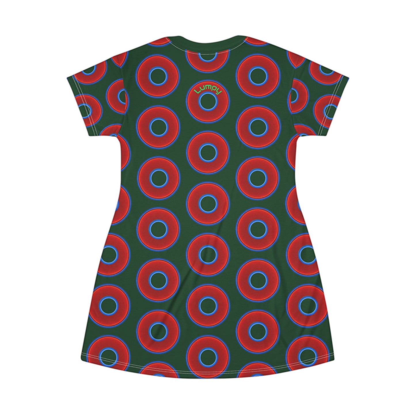 Not a Muumuu AOP Tee Shirt Dress - red vivid donuts w/deep pond green background