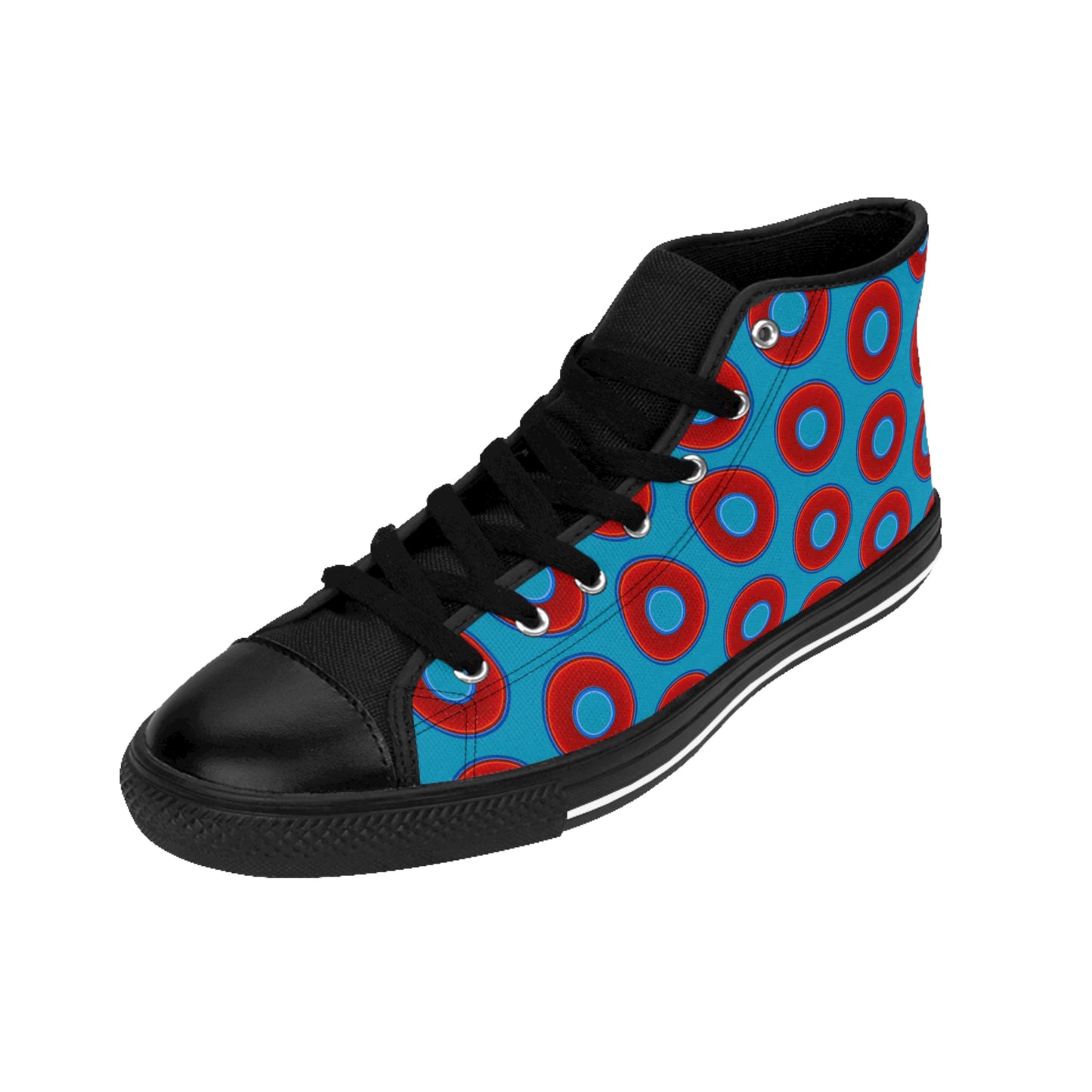 Cushiony Convectors - High Tops - red vivid donuts w/aquamarine blue background