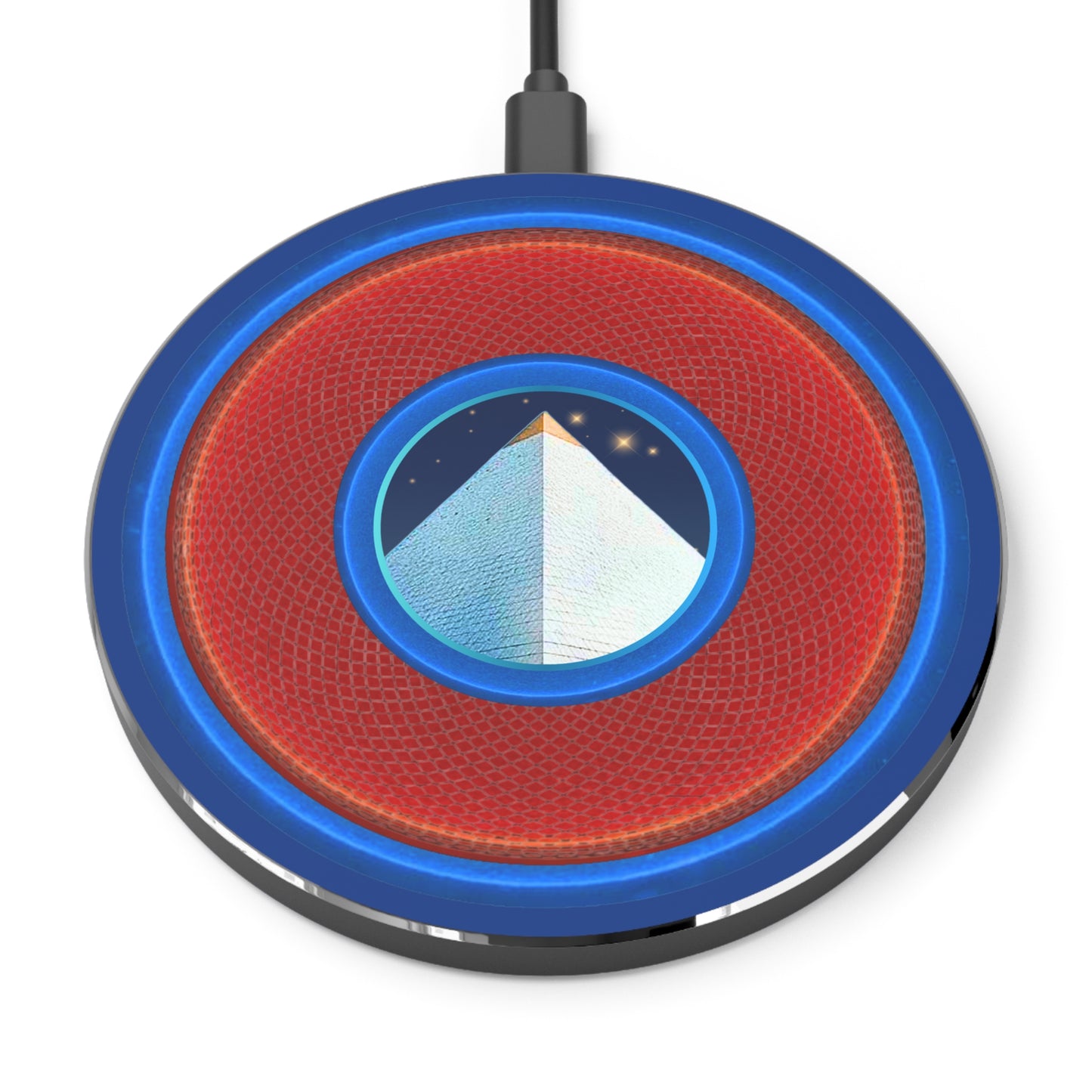 The Flow - Wireless Lumpy Donut Chargers - "Limestone Wireless Donut Chargers So Large " - rustic red/blue donut w/dark blue background - variant 1