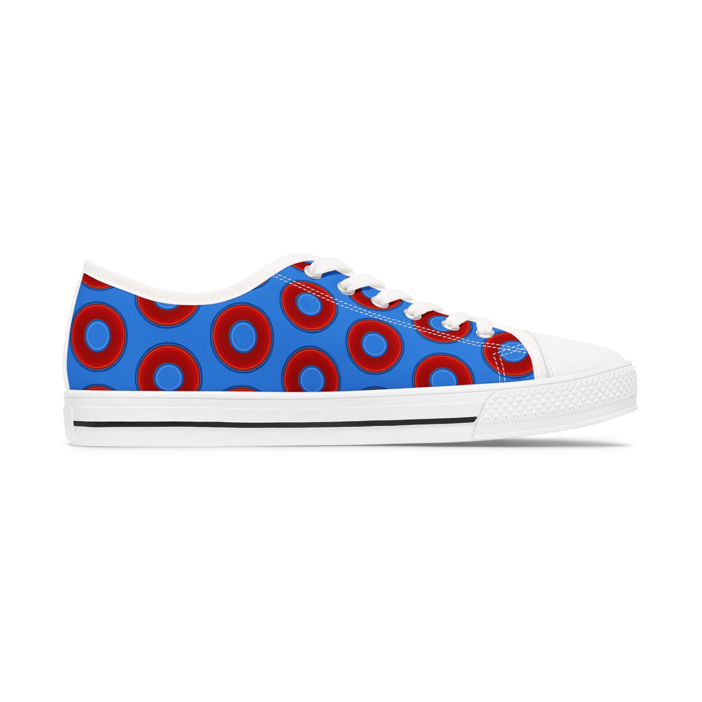 Women's - Low Top Chuck Taylors - large vivid red donut print w/light royal blue background