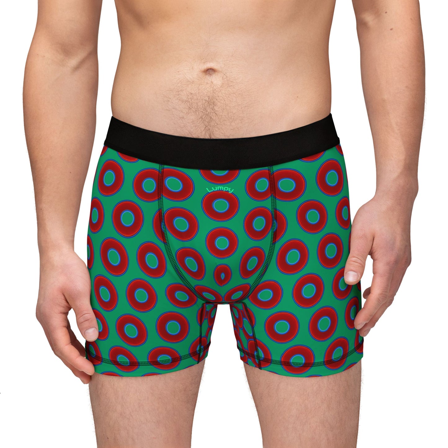 Men's Donut Boxers - red vivid donuts w/jade green background