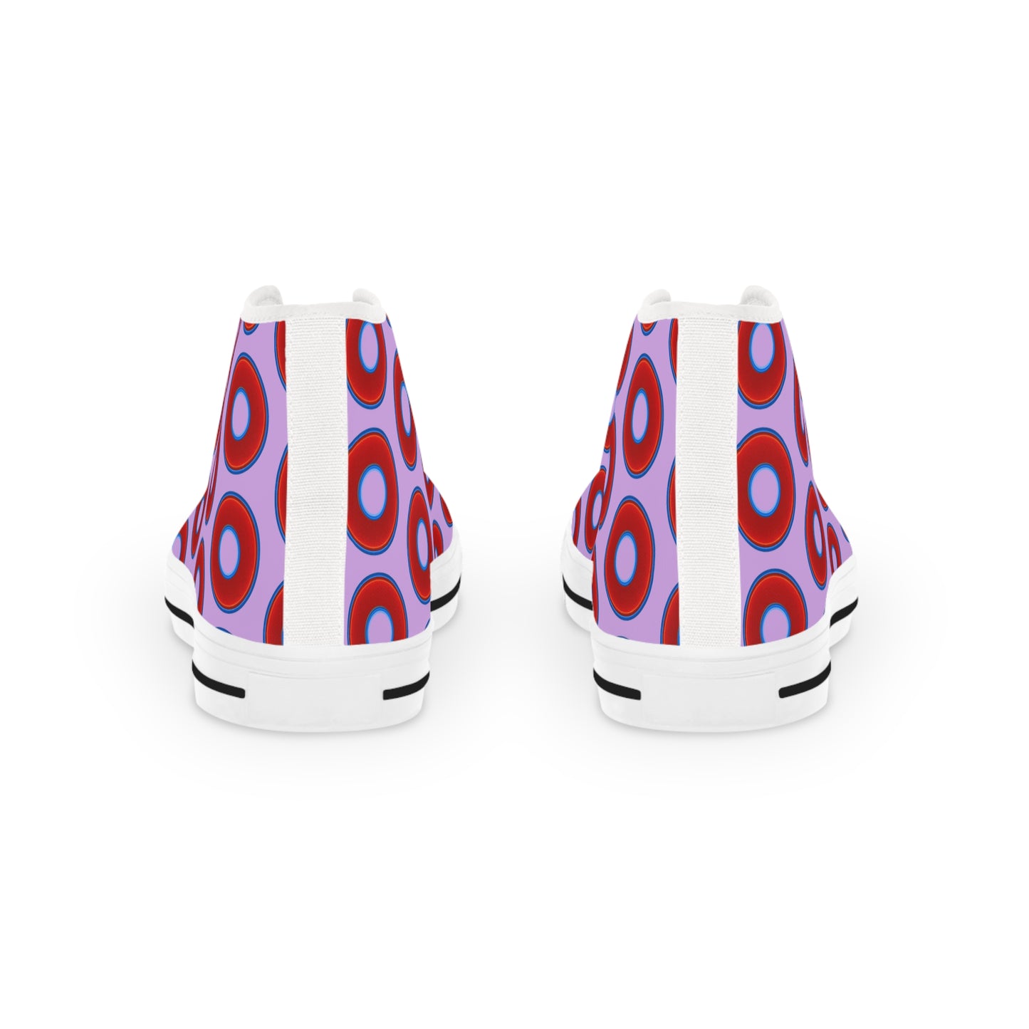 Men's High Top Chucks - large vivid red donut print w/wisteria purple background