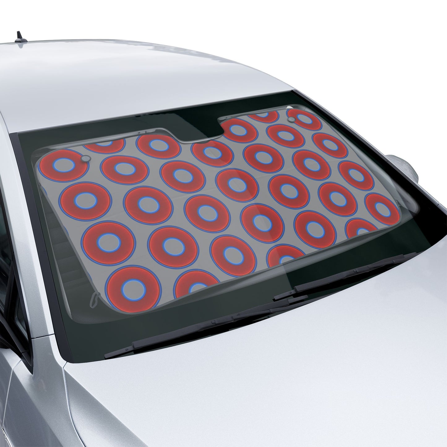 Automotive Donut Sun Shade - red vivid donuts w/gray background