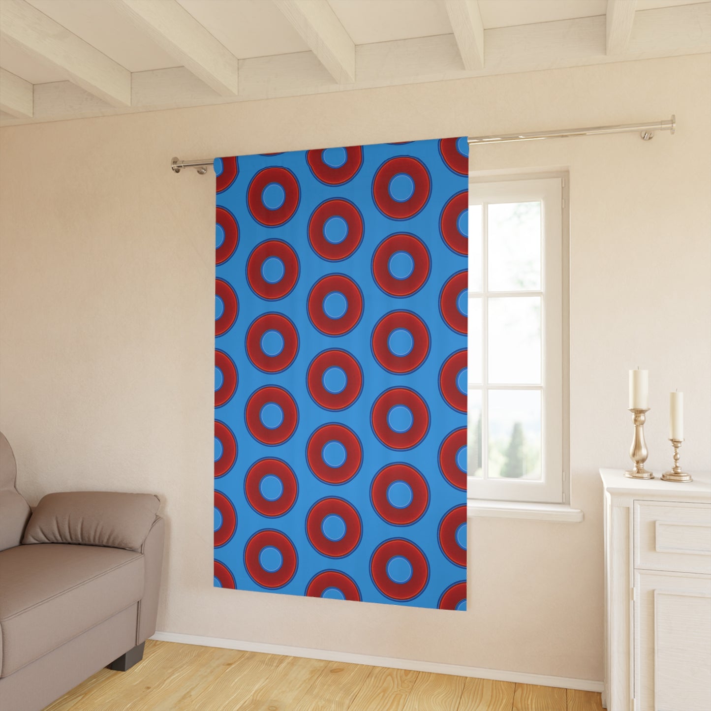 Lump's Heady Curtain w/Donuts - vivid red donut print - w/sky royal blue - [*1 Piece / 50" x 84"]