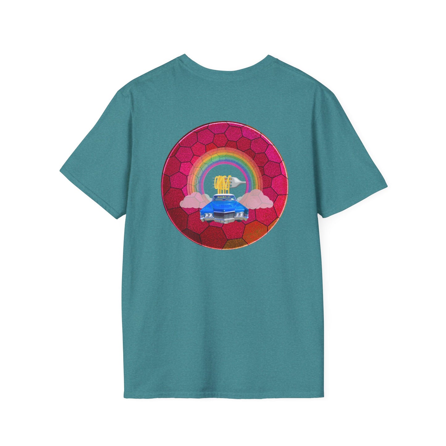 Classic Donut Tee - Unisex Soft-Style - "Cadillac Rainbows Donut Tee " - variant 2 - magenta hexadonut w/blue caddy