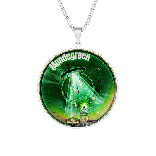 Lump's Heady Donut Necklace - 1" x 1" Stainless Steel Pendant - "Close Encounters of the Delaware Kind" - vivid green record donut