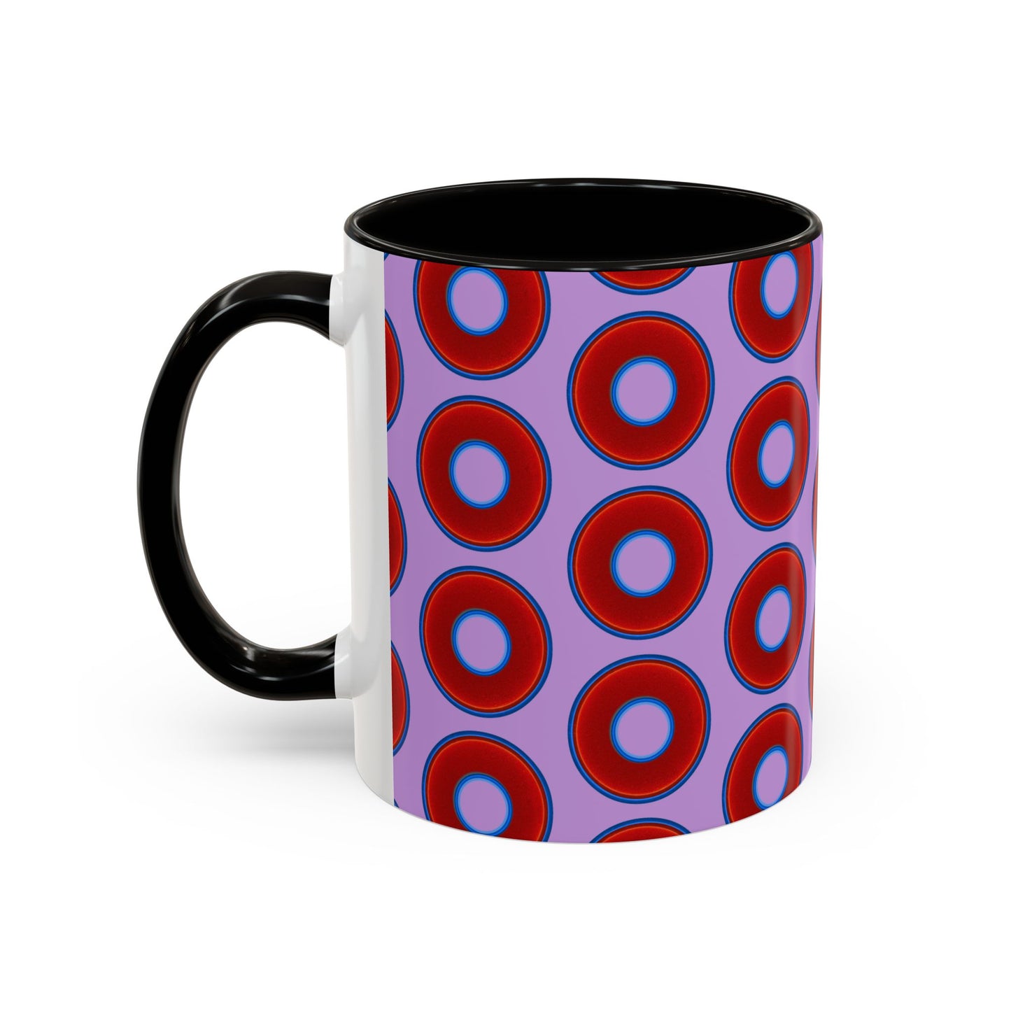 Lump's Grumpy Coffee Mug - vivid red donuts w/wisteria purple background