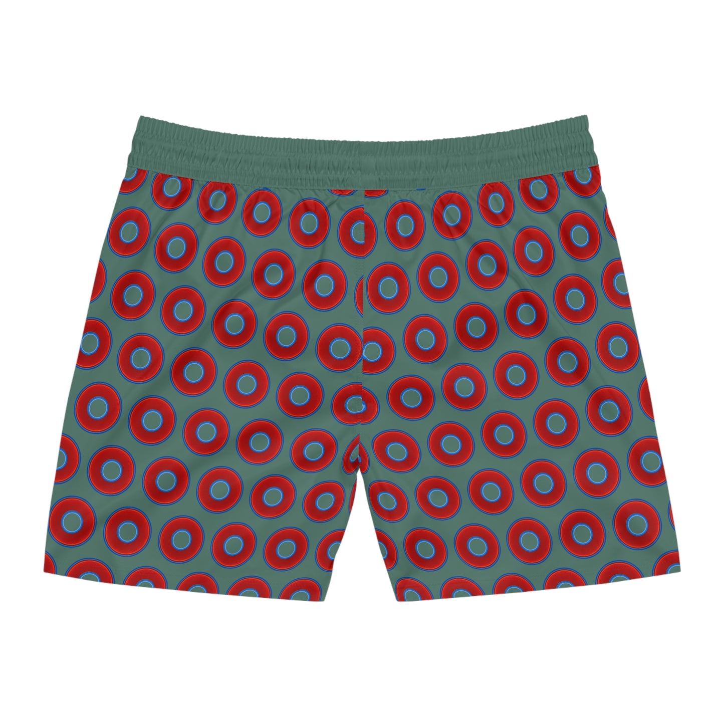 Men's Lumpy Swim Trunks - vivid red donut print w/Fenway green background