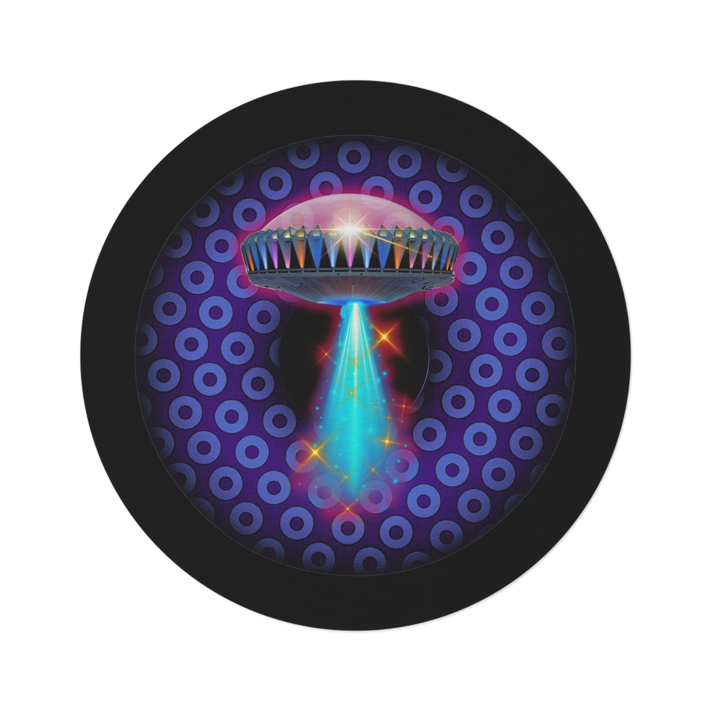 Round Room - 5 ft x 5 ft Lumpy Donut Rug - "They Have Donut Rugs On The Mothership Now" - paradoxical purple/light blue donut w/black background - variant 4