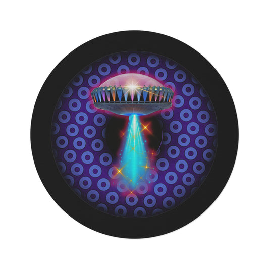 Round Room - 5 ft x 5 ft Lumpy Donut Rug - "They Have Donut Rugs On The Mothership Now" - paradoxical purple/light blue donut w/black background - variant 4
