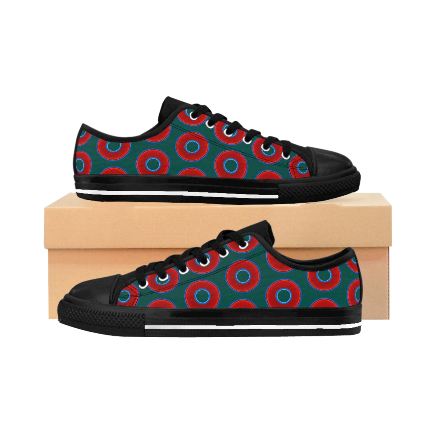 Women's Cushiony Convectors - Low Top - large red vivid donut print w/dark Fenway green background