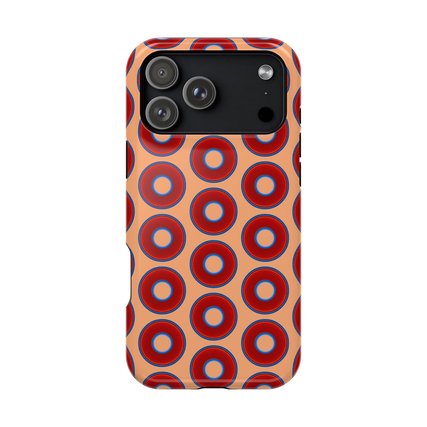 Impact-Resistant Lumpy Donut Case - red vivid donut print w/peach background