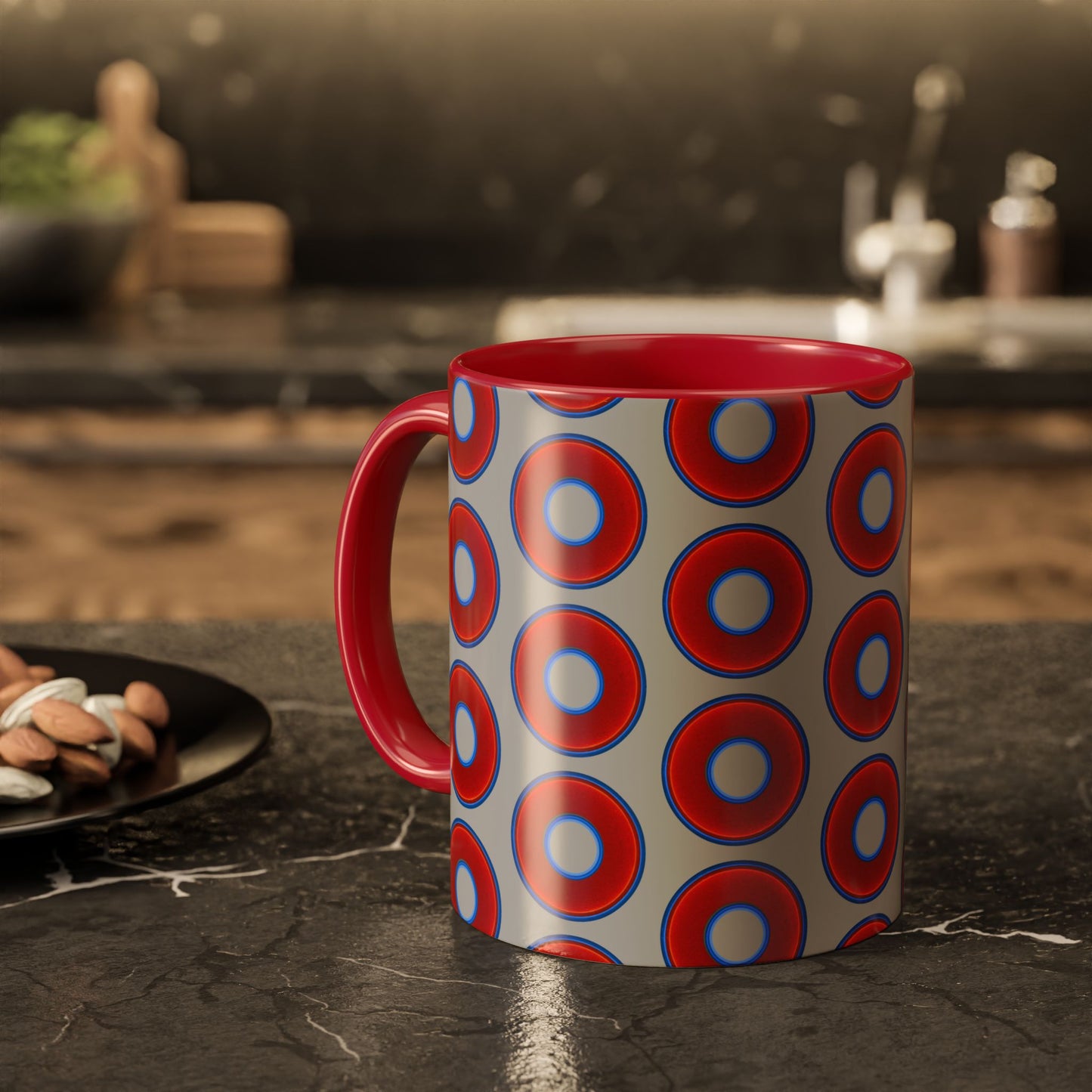 Lump's Grumpy Coffee Mug - vivid red donuts w/light gray background