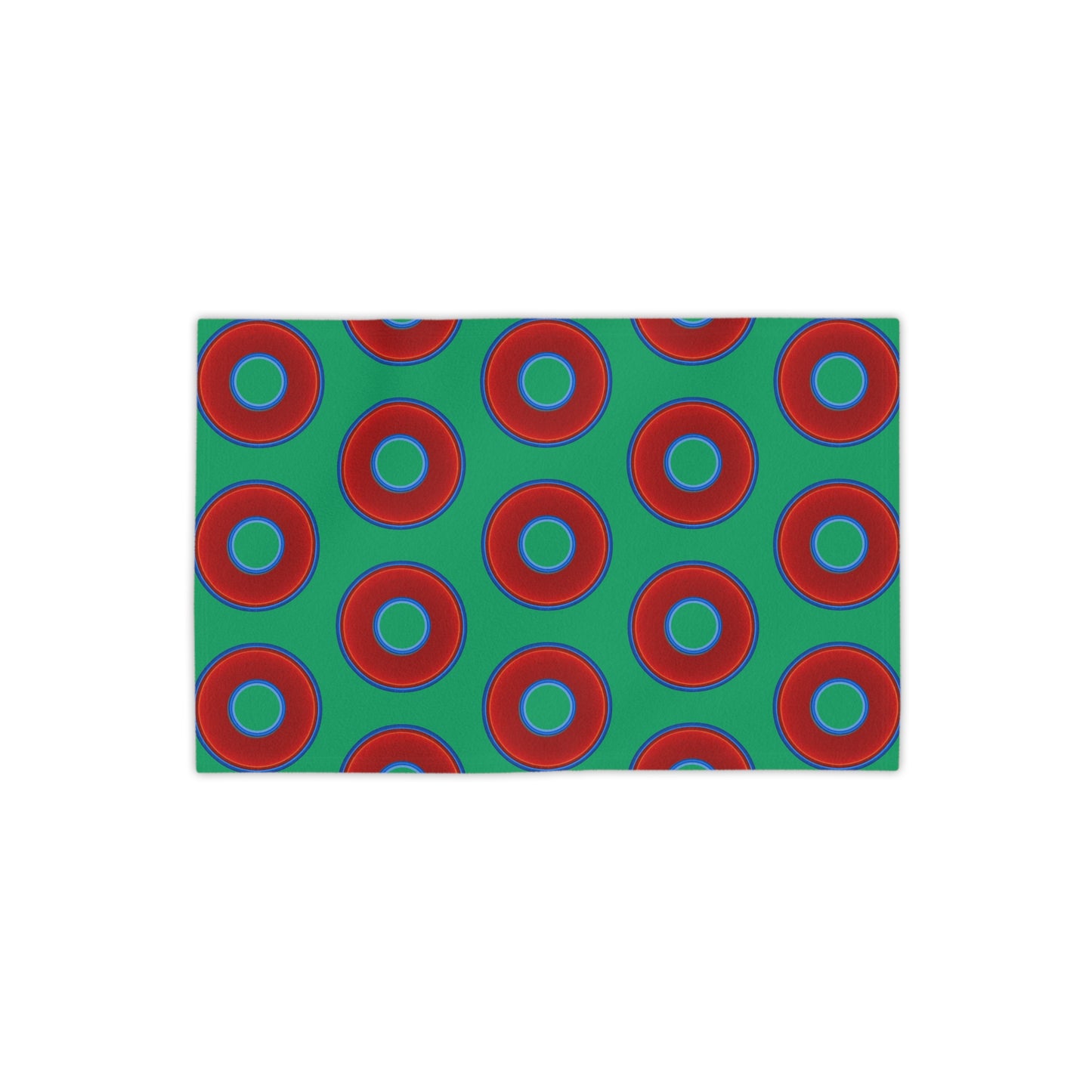 Lumpy Donut Towels - vivid red donuts w/jade green background