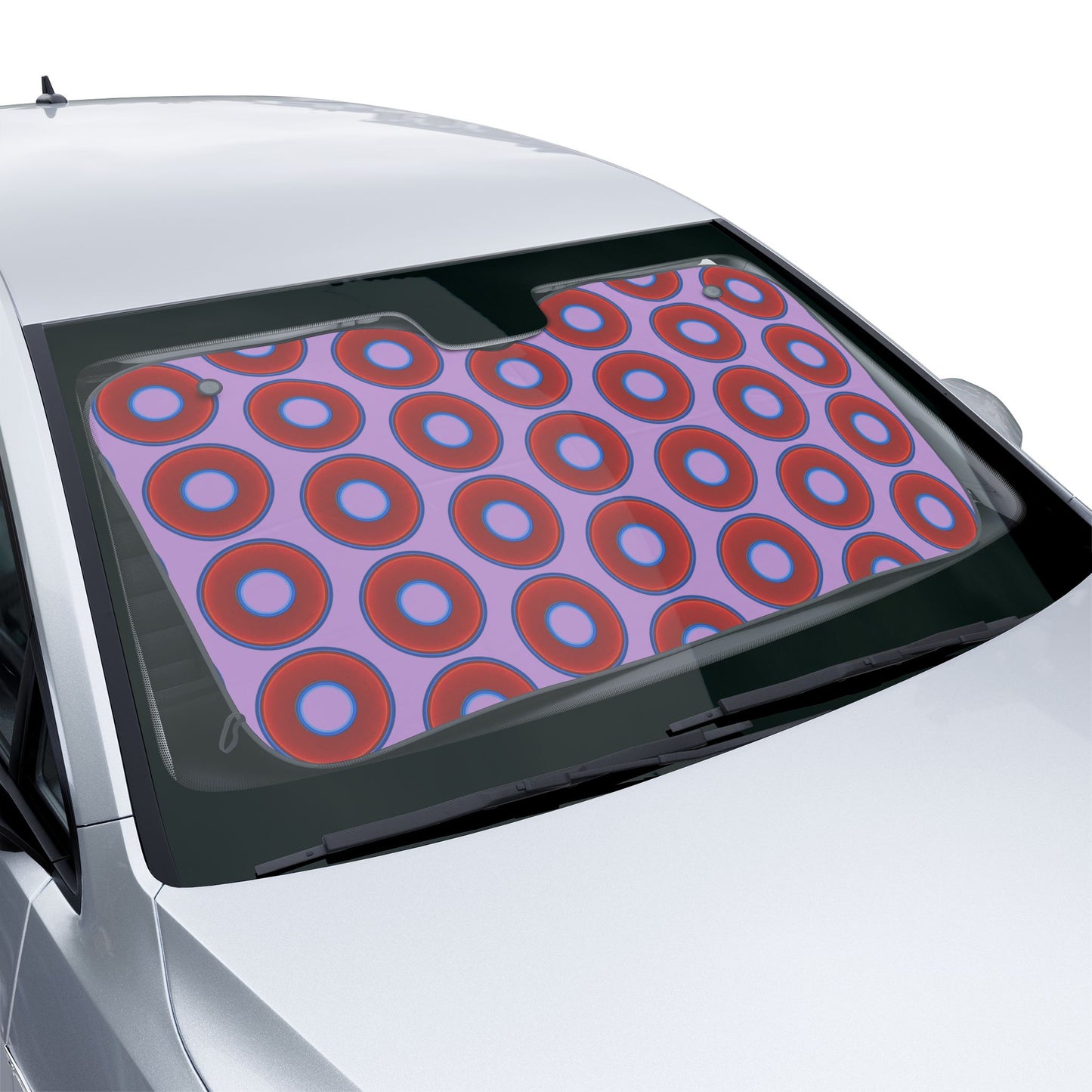 Automotive Donut Sun Shade - red vivid donuts w/wisteria purple background