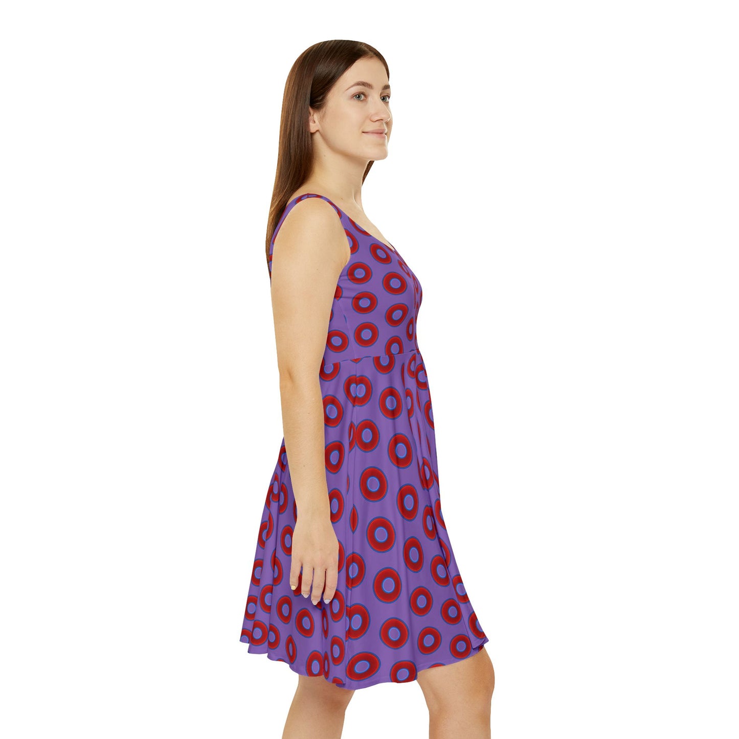 Women's Skater Donut Dress - vivid red donut print w/light purple background