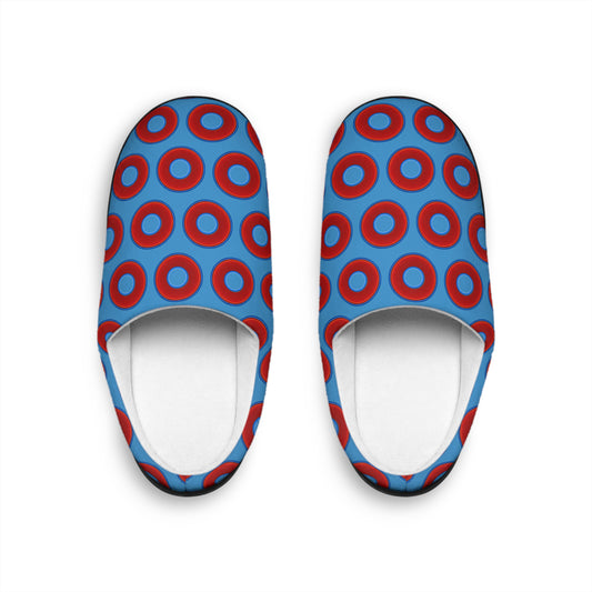 Men's Lumpy Slippers - red vivid donut print w/light steel blue background