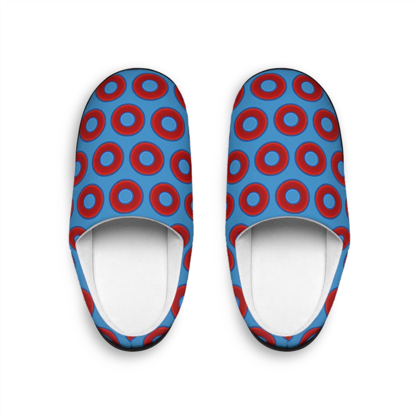 Men's Lumpy Slippers - red vivid donut print w/light steel blue background