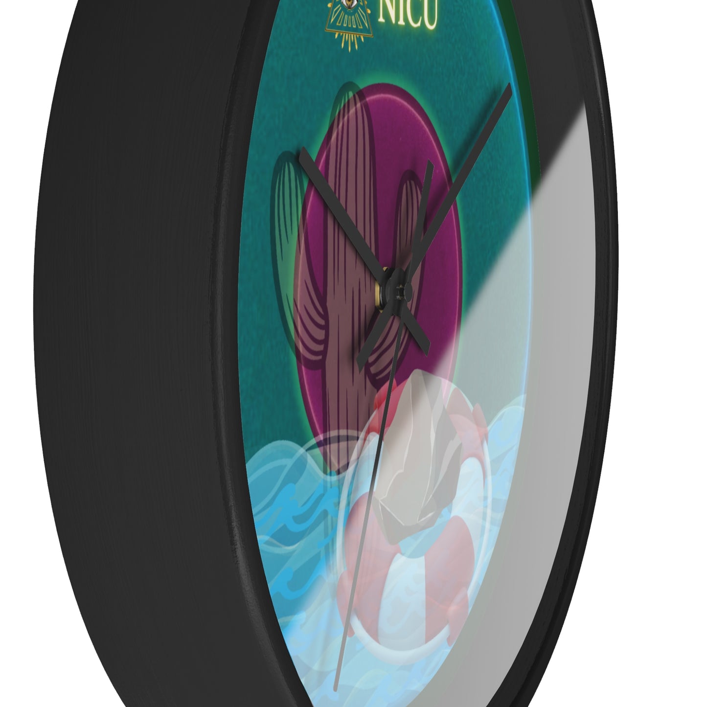 Lumpy Wall Clock - "The Donut Clock that Conveys" - vivid dark teal donut w/deep pond green background