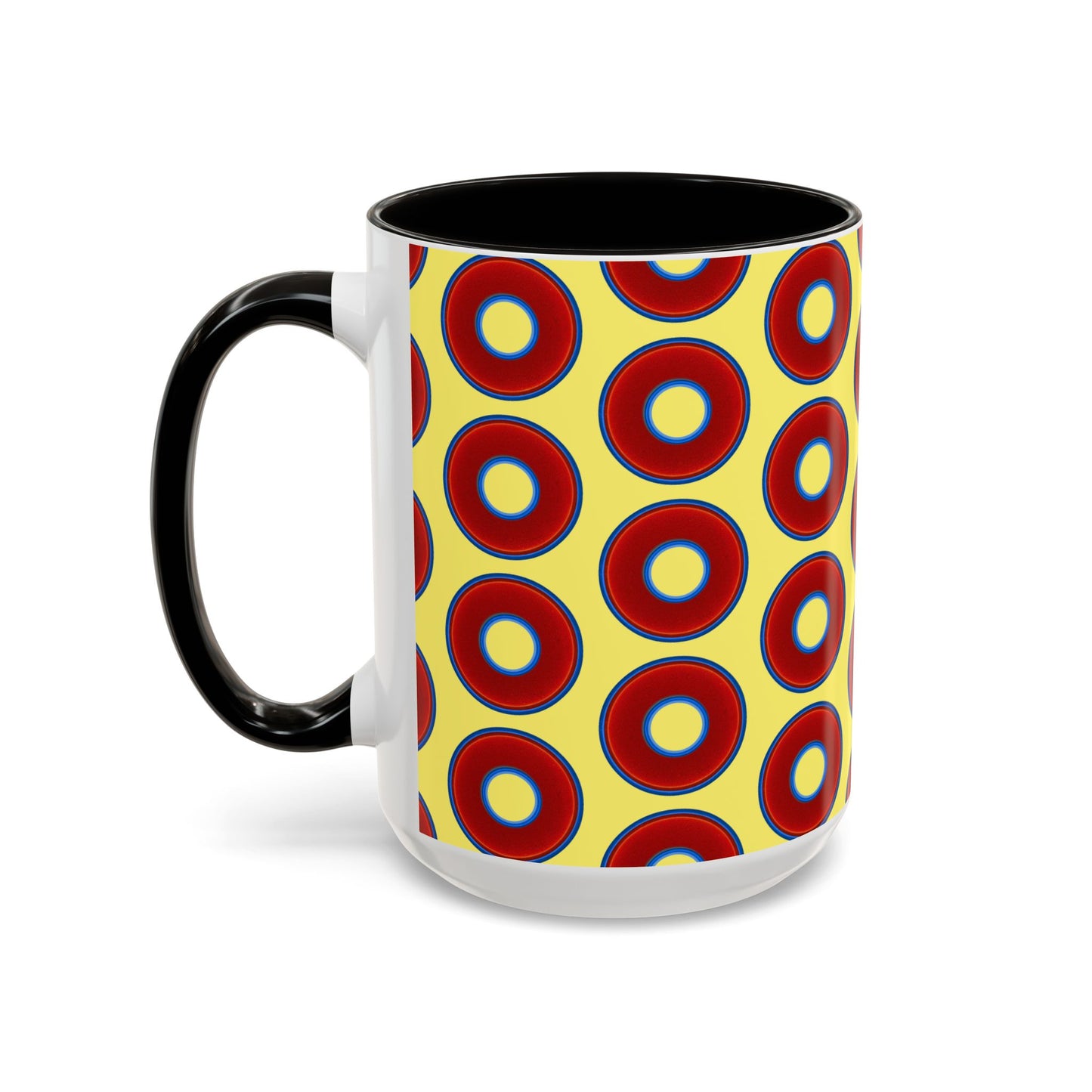Lump's Grumpy Coffee Mug - vivid red donuts w/yellow background