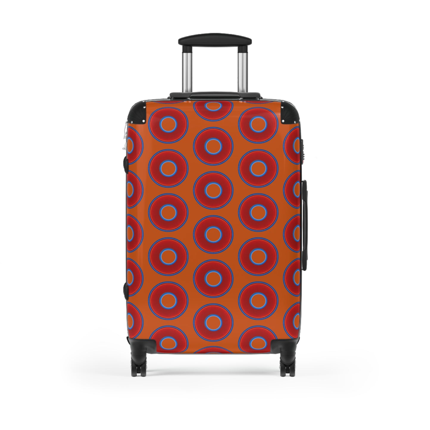 The Very Lumpy Donut Suitcase series - your choice of S, M or L - vivid red donut print w/dark orange background