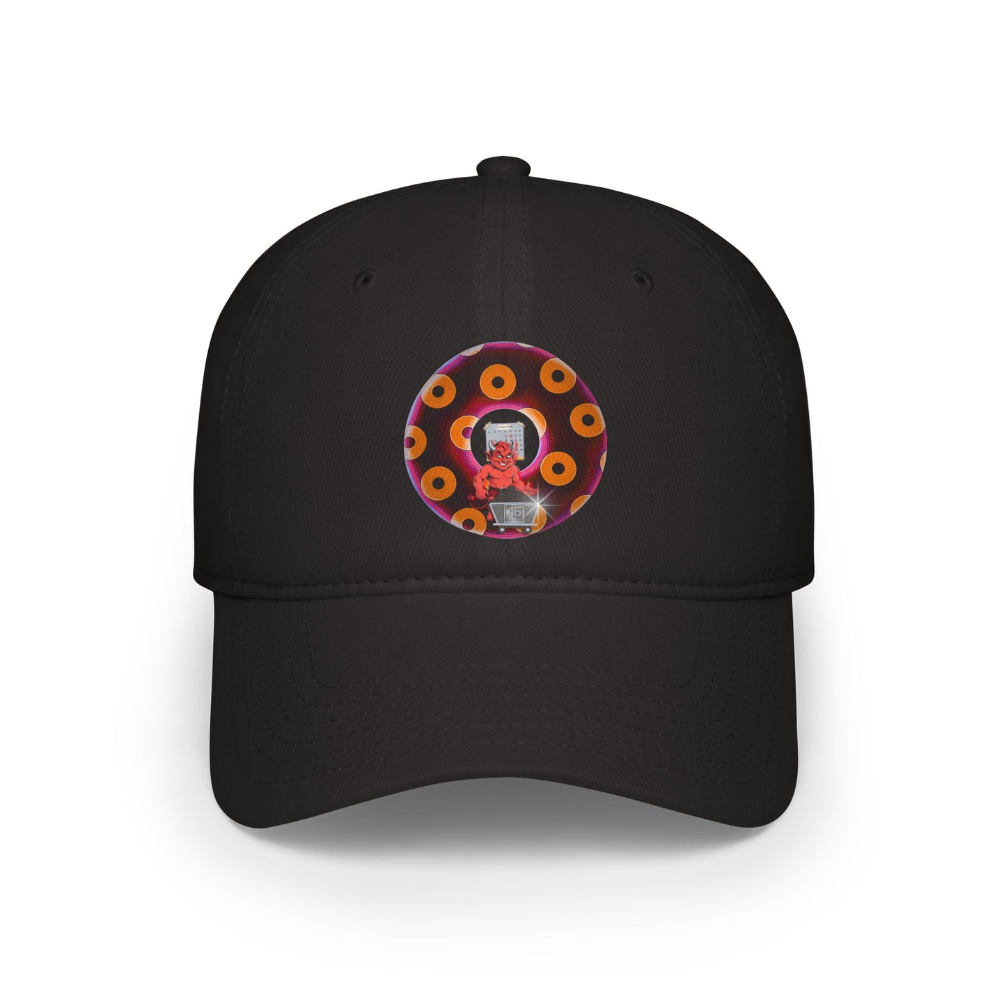 Lumpy Donut Baseball Cap - "46 Donuts Taste The Fear" - paradoxical dark magenta/orange blimpy donut w/