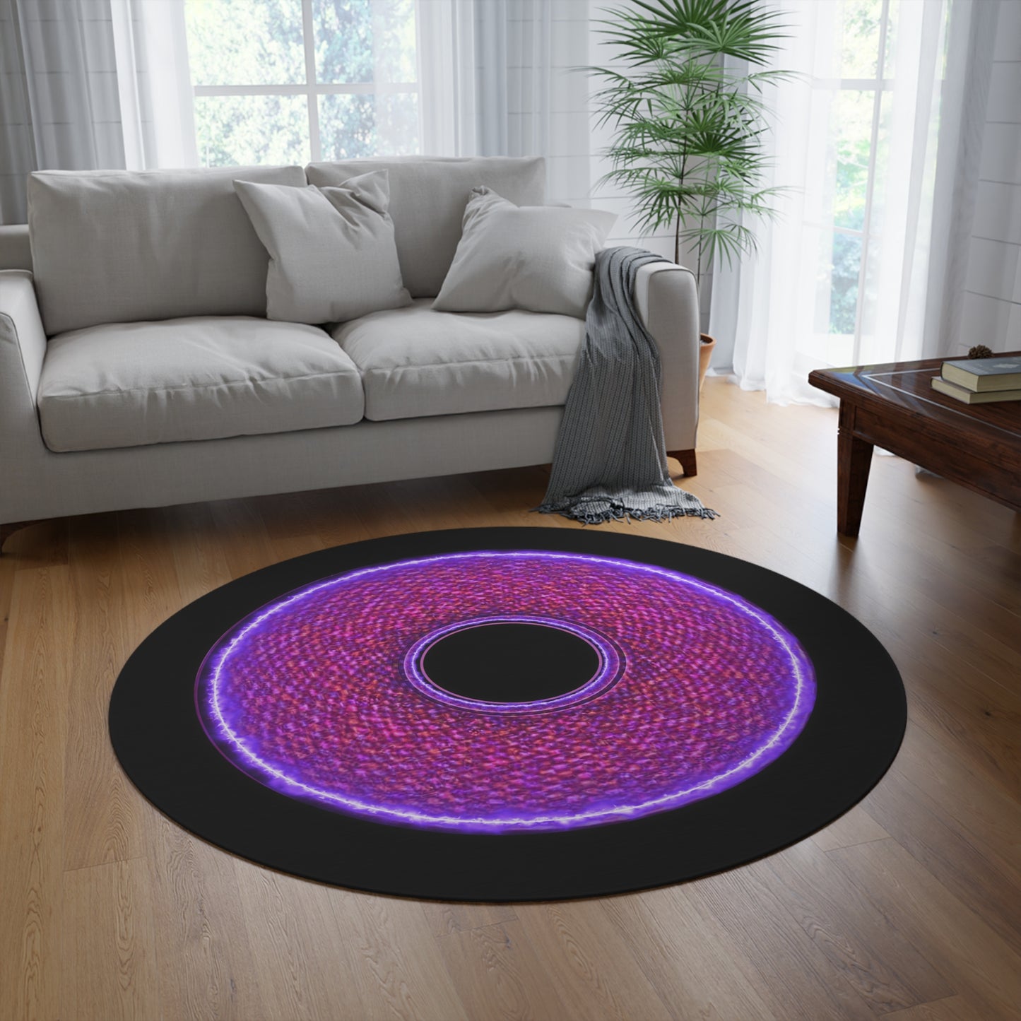 Round Room - 5 ft x 5 ft Lumpy Donut Rug - "Frankenstein's Carpet... it's Alive!" - purple pixilated donut w/black background