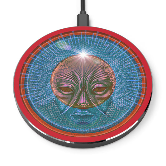 The Flow - Wireless Lumpy Donut Chargers - "Conjurers of Awesome Wireless Power" - rustic blue donut w/dark red background - variant 2