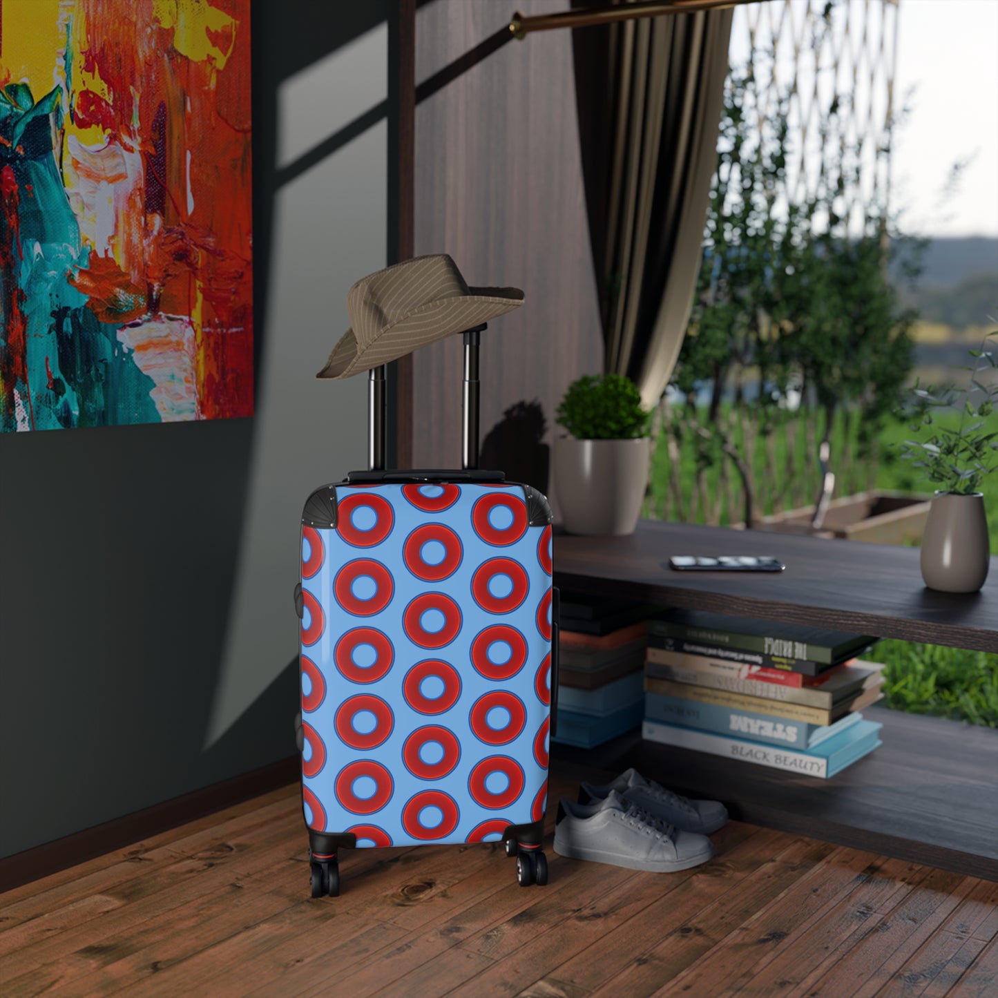 The Very Lumpy Donut Suitcase series - your choice of S, M or L - vivid red donut print w/light blue background