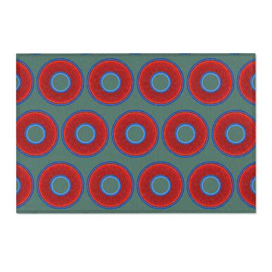 Lumpy Donut Print Rug - choice of 3 sizes - vivid red donut print w/Fenway green background