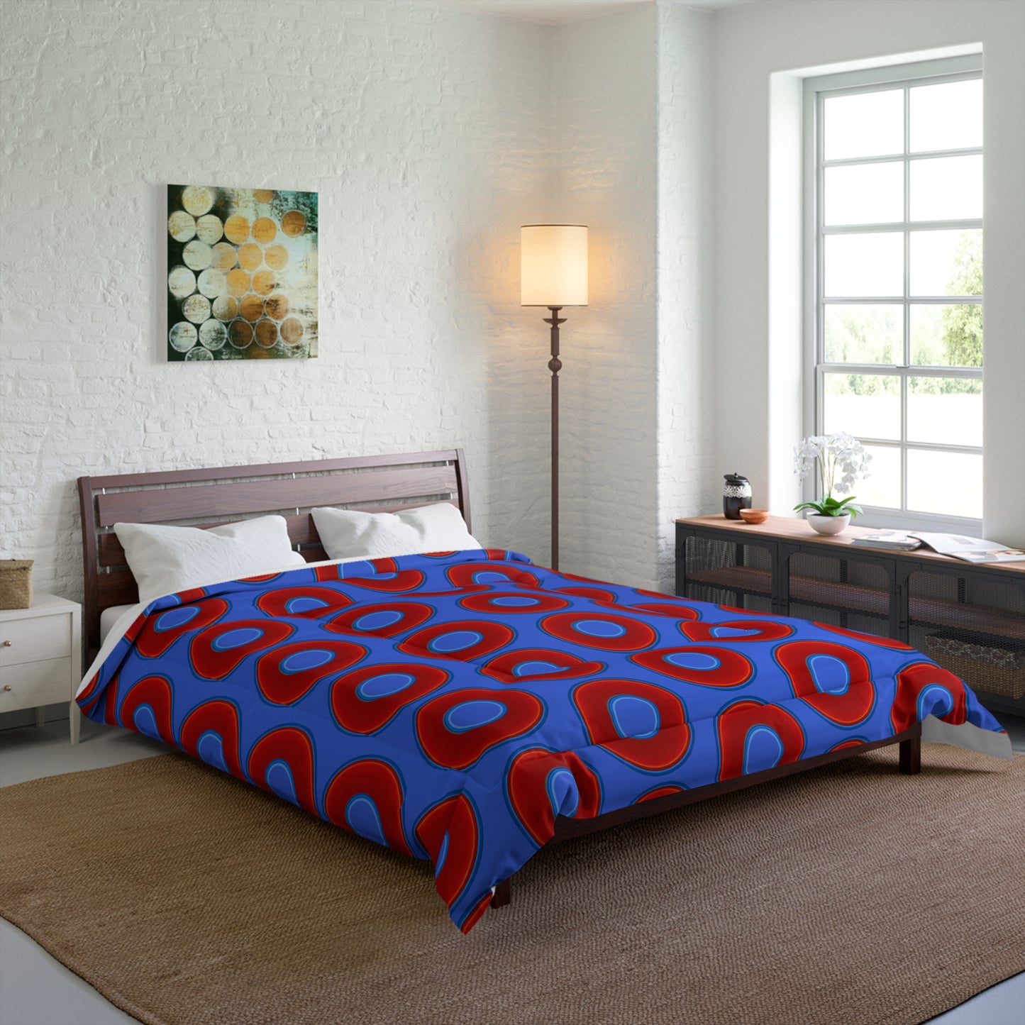 The Very Lumpy Comforter - vivid red donuts w/royal blue background