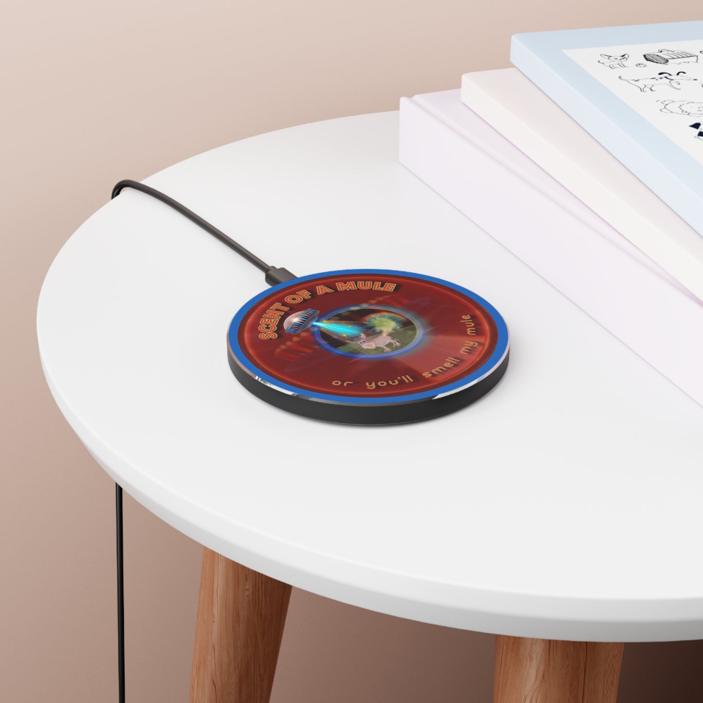 The Flow - Wireless Lumpy Donut Chargers - "Wireless Donut Chargers? In Tomahawk County?" - vivid red donut w/dark royal blue background - variant 4