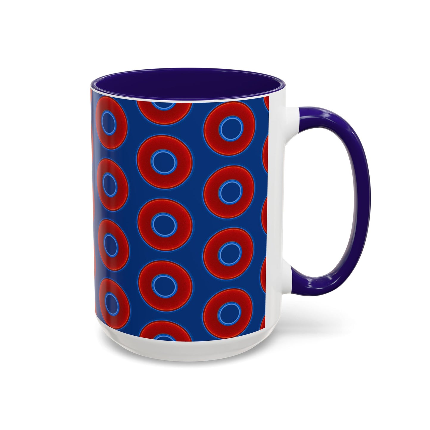 Lump's Grumpy Coffee Mug - vivid red donuts w/dark blue background