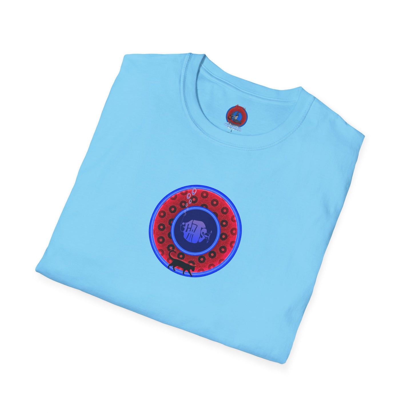 Classic Donut Tee - Unisex Soft-Style - "The Cat's Meow Donut' - red/blue paradox widemouthed donut