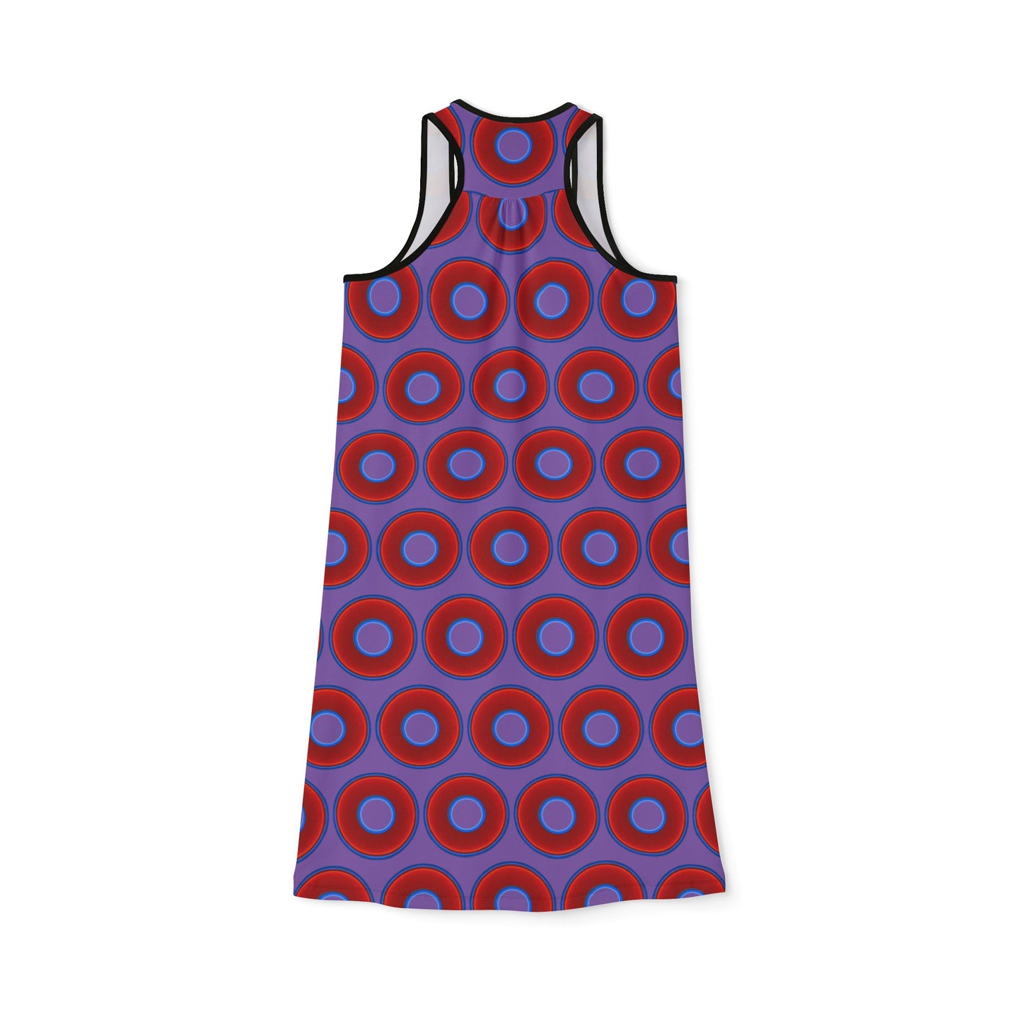 Tela's Lumpy Racerback Donut Dress - red vivid donut print w/light purple background