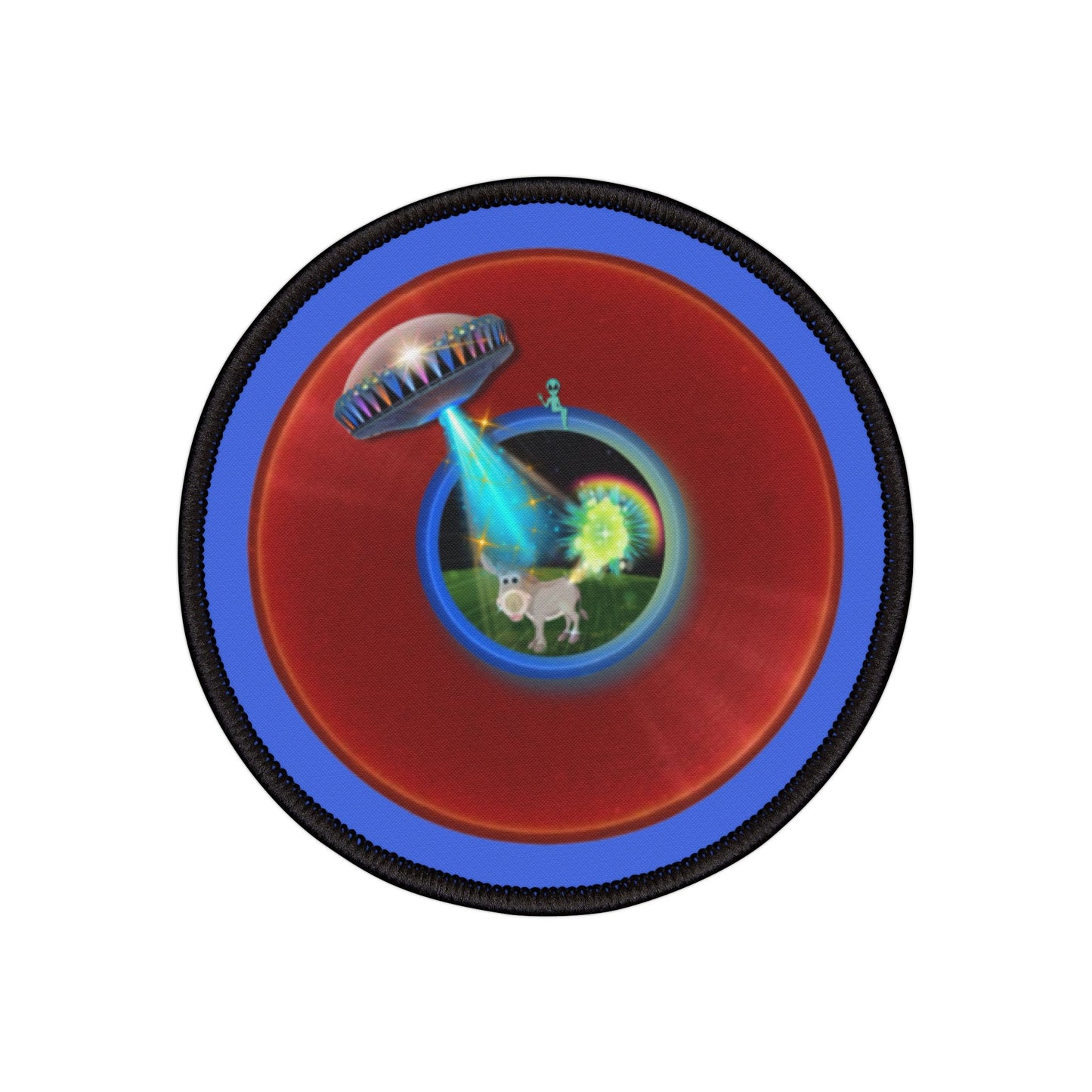 Iron-On Donut Patch - "Donut Patches? In Tomahawk County?" - vivid red donut - variant 1