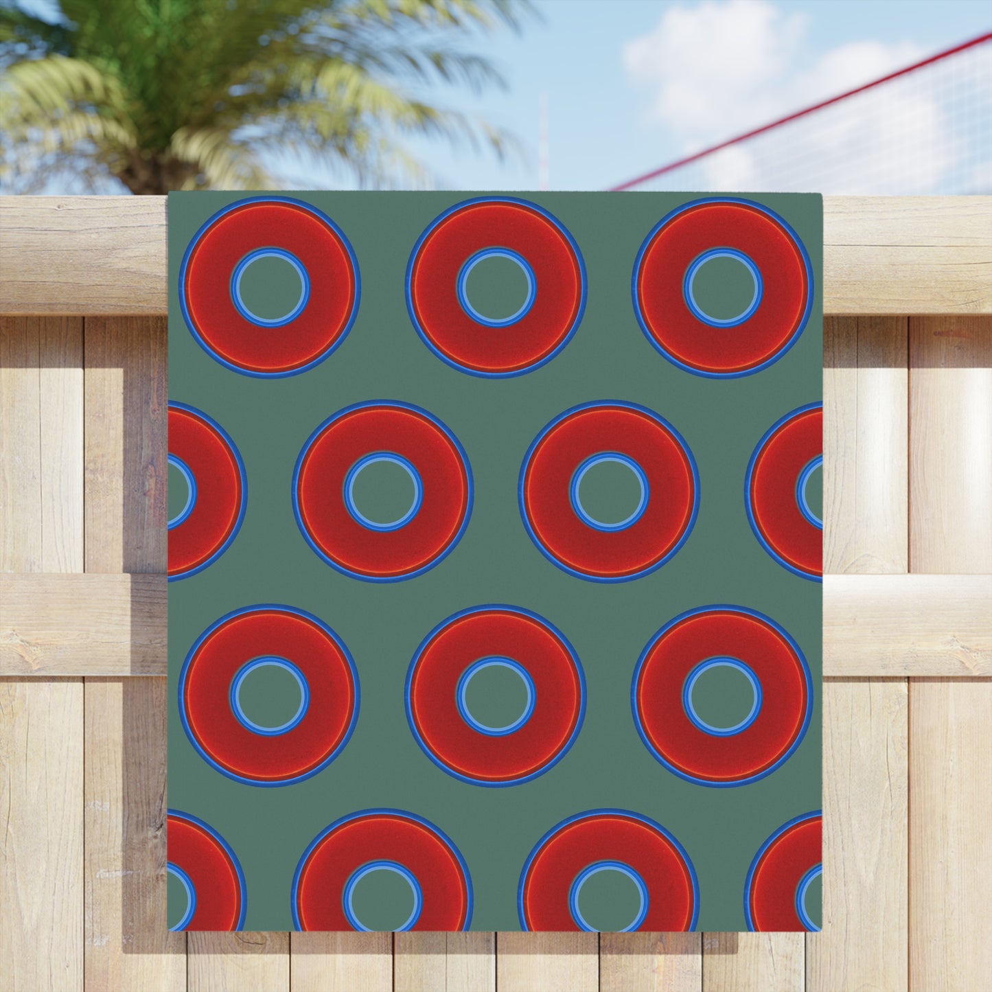 Lumpy Donut Towels - vivid red donuts w/Fenway green background