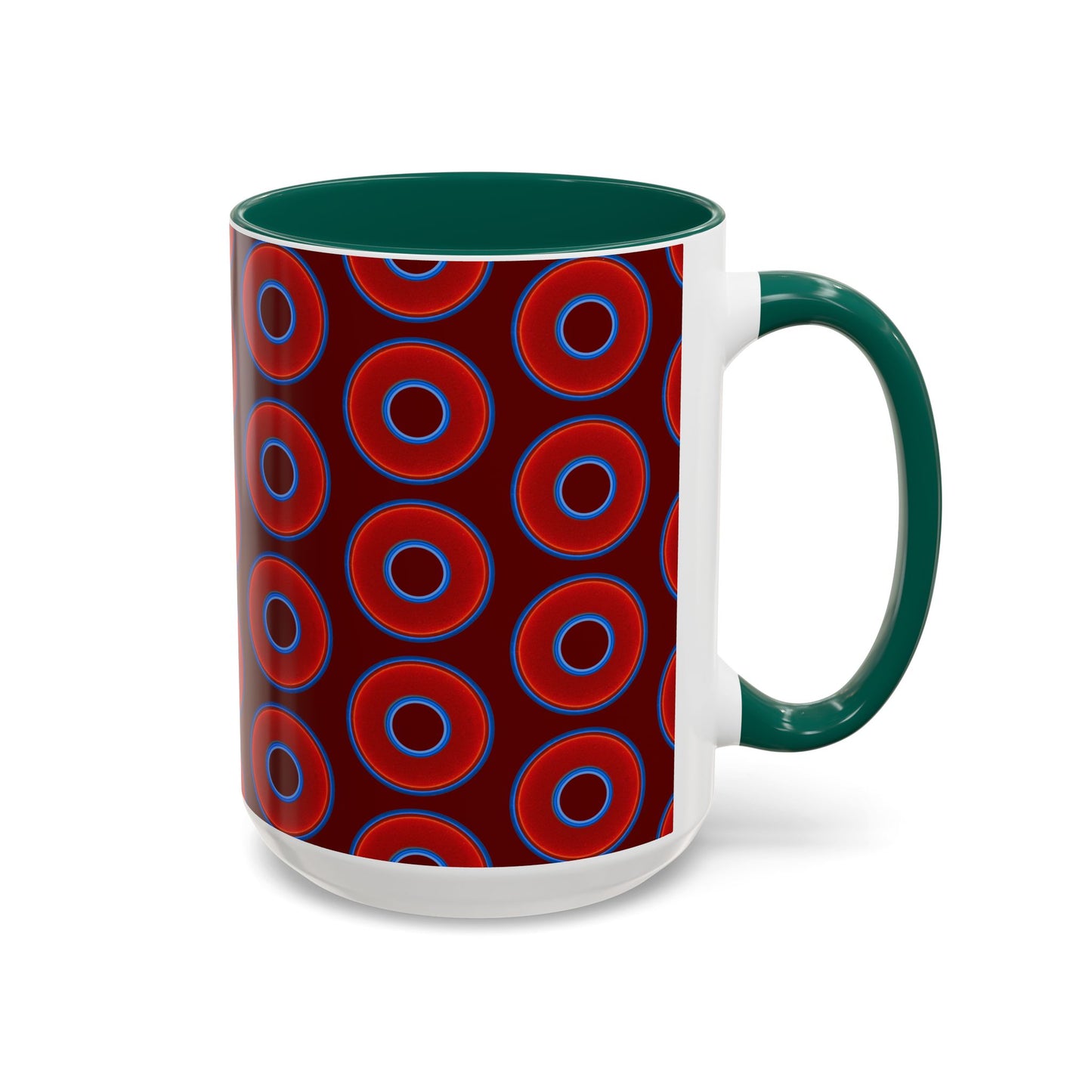 Lump's Grumpy Coffee Mug - vivid red donuts w/dark red background